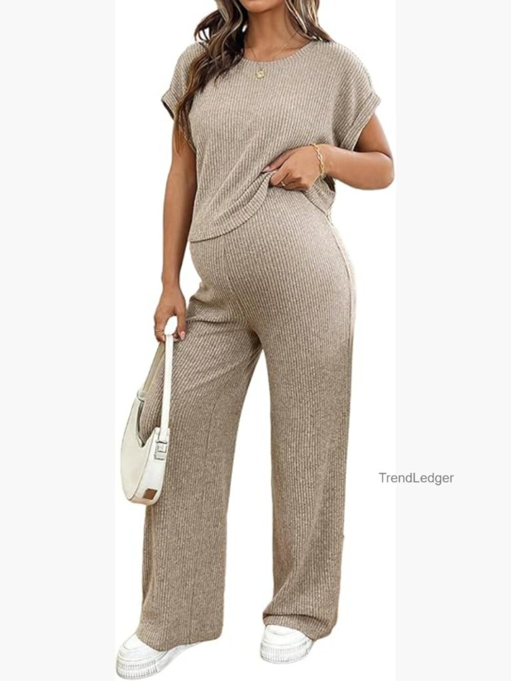 Maternity Ribbed Short Sleeve Pajama Lounge 2 Piece Set